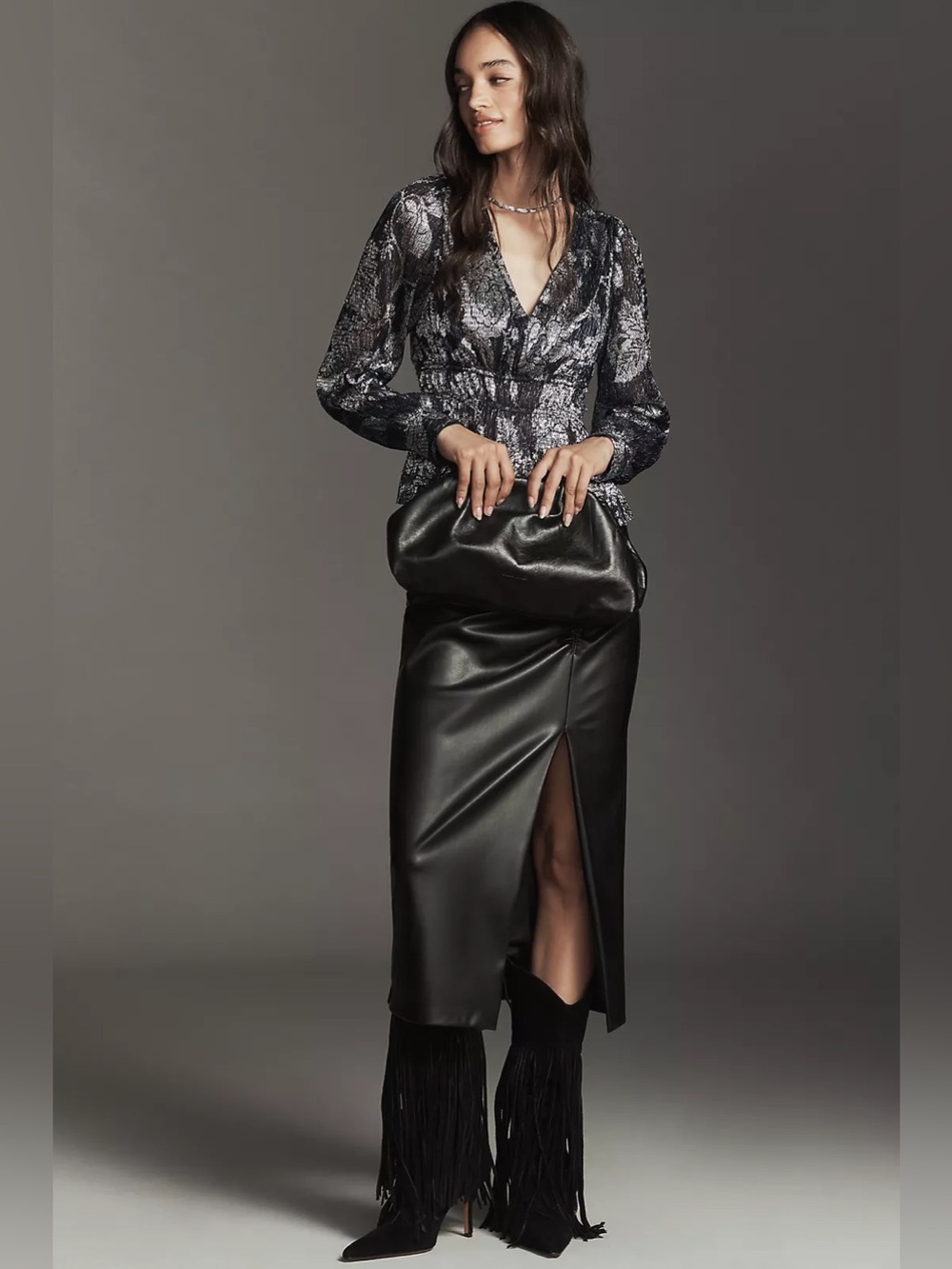 Anthropologie Metallic Smocked Long-Sleeve Shirt